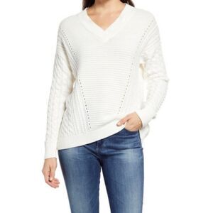 NEW Caslon Ladies Cable V-neck Sweater in Ivory Cloud- Ladies Size XS